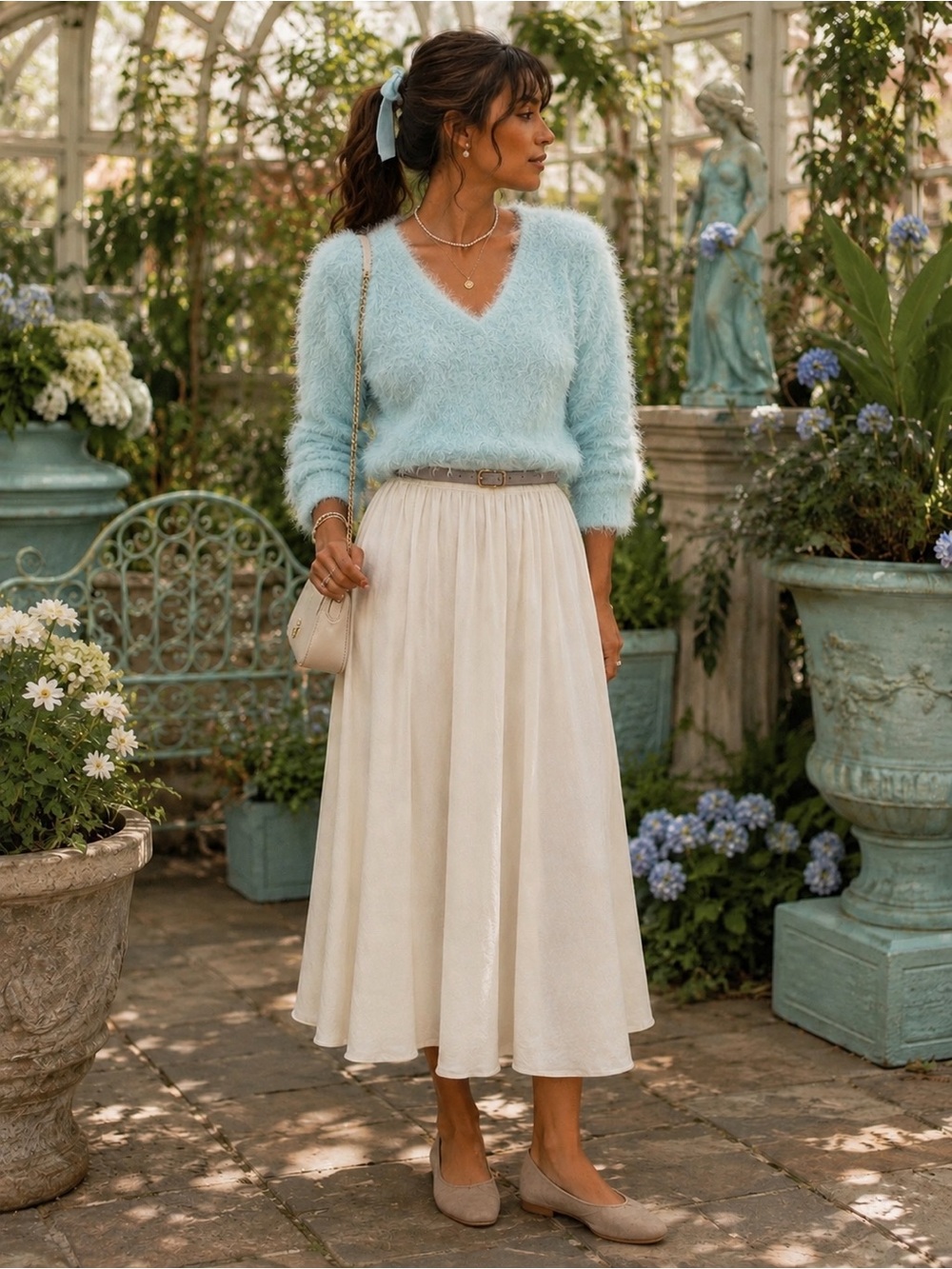 Boutique Curated Aqua Eyelash Knit Fuzzy V-Neck Sweater Soft Romantic | Vintage